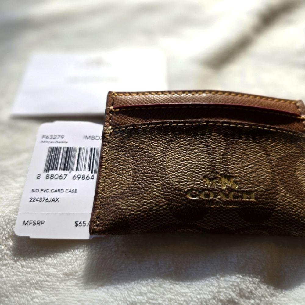 Coach Signature PVC card holder NWT KHAKI/saddle pebbled leather